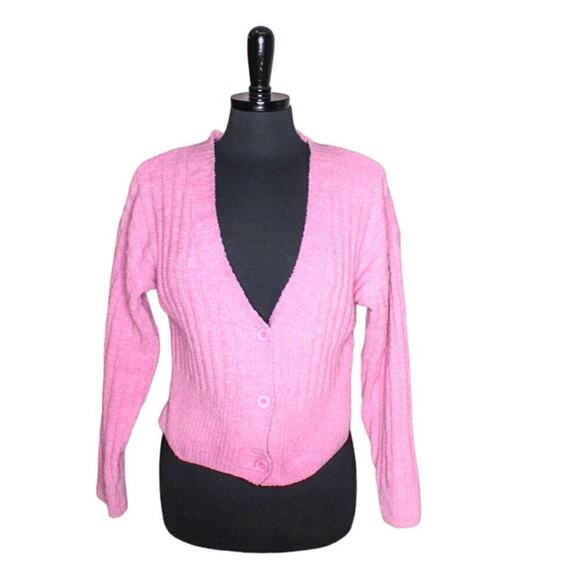 Almost Famous Cardigan Sweater Deep V Neck Pink Short Size M - Picture 1 of 5